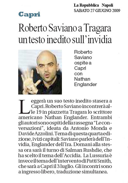 Roberto Saviano a Tragara un testo inedito sull'invidia